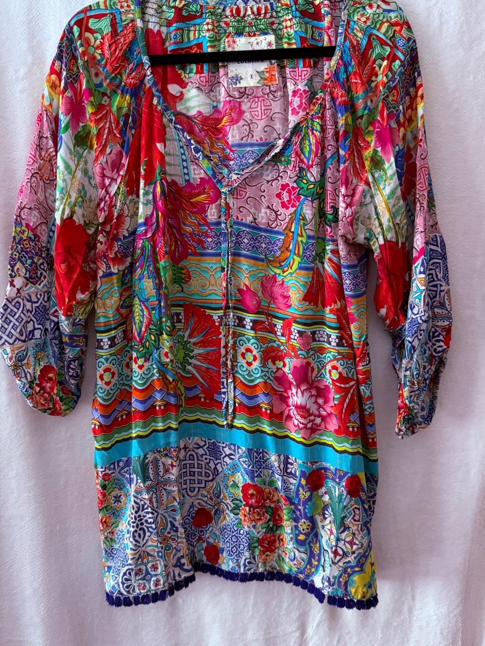 Lulalife Multicolor Floral & Geometric Peasant Tunic - Red, Pink, Turquoise, Bl
